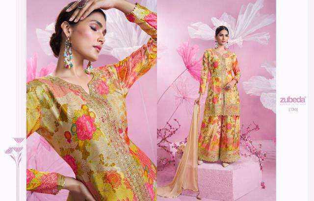 zubeda presents gulbandh chinon si̇lk readymade party wear plazzo salwar suits catalog wholesaler and exporter in surat