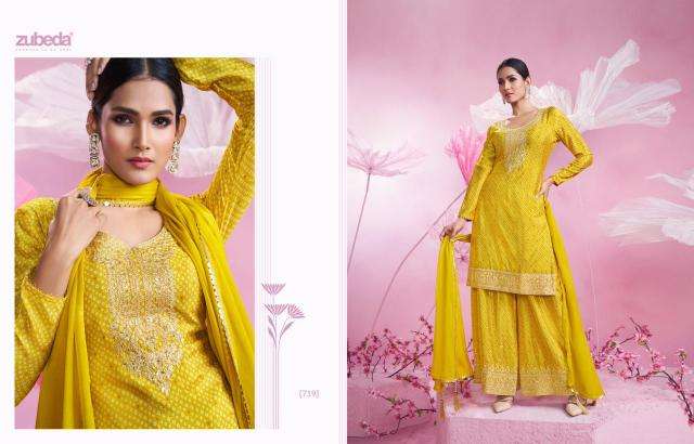 zubeda presents gulbandh chinon si̇lk readymade party wear plazzo salwar suits catalog wholesaler and exporter in surat