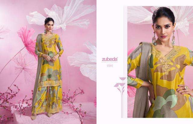 zubeda presents gulbandh chinon si̇lk readymade party wear plazzo salwar suits catalog wholesaler and exporter in surat