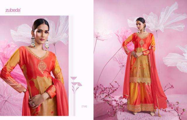 zubeda presents gulbandh chinon si̇lk readymade party wear plazzo salwar suits catalog wholesaler and exporter in surat