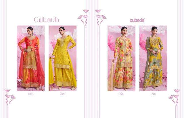 zubeda presents gulbandh chinon si̇lk readymade party wear plazzo salwar suits catalog wholesaler and exporter in surat