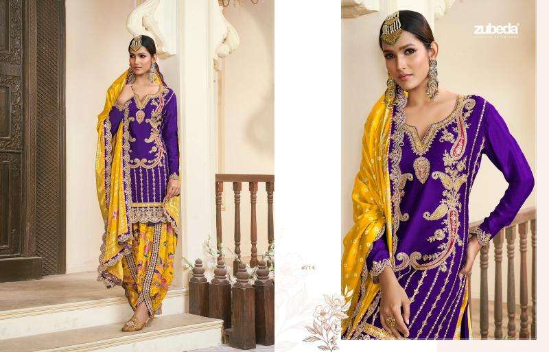 zubeda presents kalamkari chinon si̇lk readymade traditional dhoti style salwar suit catalog wholesaler and exporter  