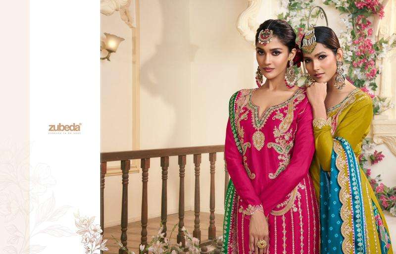 zubeda presents kalamkari chinon si̇lk readymade traditional dhoti style salwar suit catalog wholesaler and exporter  