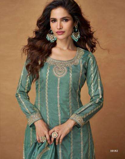 aashirwad creation presents saumya full stitch organza simar silk plazzo suit catalog