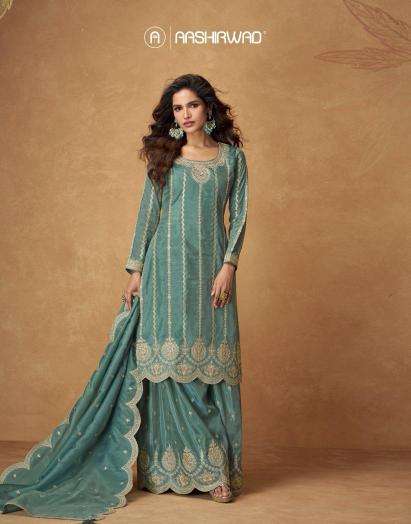 aashirwad creation presents saumya full stitch organza simar silk plazzo suit catalog
