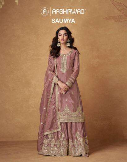aashirwad creation presents saumya full stitch organza simar silk plazzo suit catalog