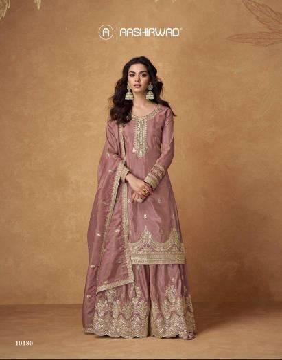 aashirwad creation presents saumya full stitch organza simar silk plazzo suit catalog