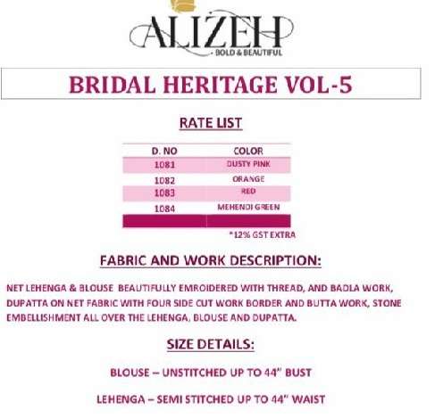 Alizeh Presents Bridal Heritage Vol-5 Wholesale Bridal Lehenga Collection Wholesaler And Exporter in Surat