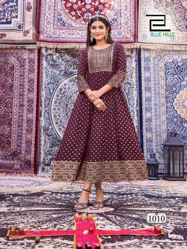 blue hills presents butterfly rayon anarkali style full stitch big size classic gown style kurtis catalog wholesaler and exporter in surat