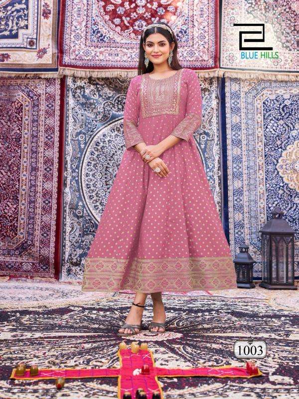 blue hills presents butterfly rayon anarkali style full stitch big size classic gown style kurtis catalog wholesaler and exporter in surat