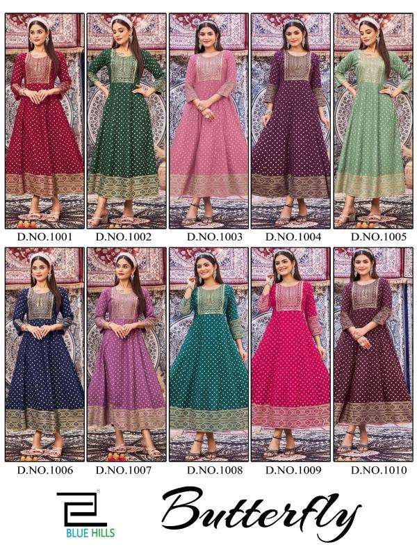 blue hills presents butterfly rayon anarkali style full stitch big size classic gown style kurtis catalog wholesaler and exporter in surat