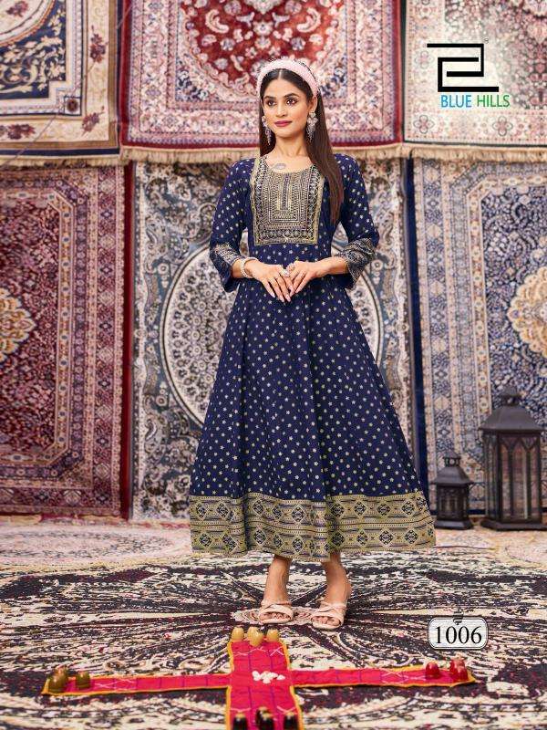blue hills presents butterfly rayon anarkali style full stitch big size classic gown style kurtis catalog wholesaler and exporter in surat