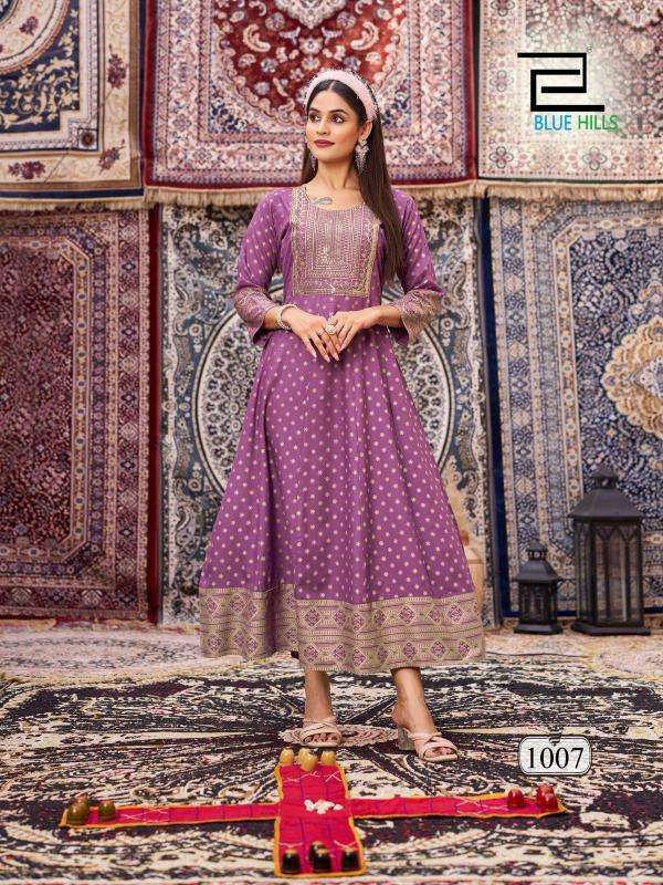 blue hills presents butterfly rayon anarkali style full stitch big size classic gown style kurtis catalog wholesaler and exporter in surat