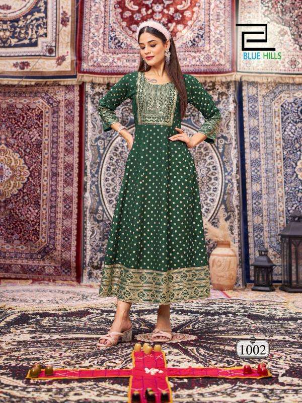 blue hills presents butterfly rayon anarkali style full stitch big size classic gown style kurtis catalog wholesaler and exporter in surat