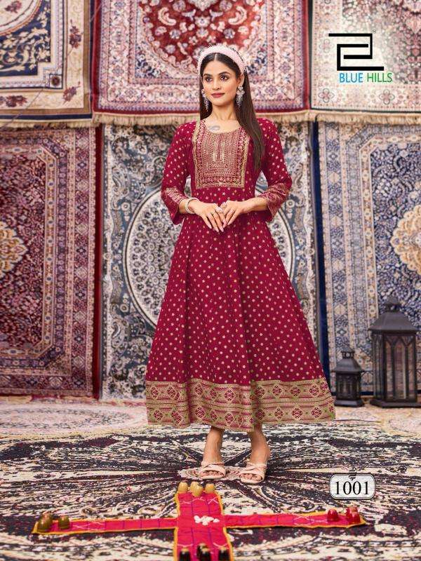 blue hills presents butterfly rayon anarkali style full stitch big size classic gown style kurtis catalog wholesaler and exporter in surat