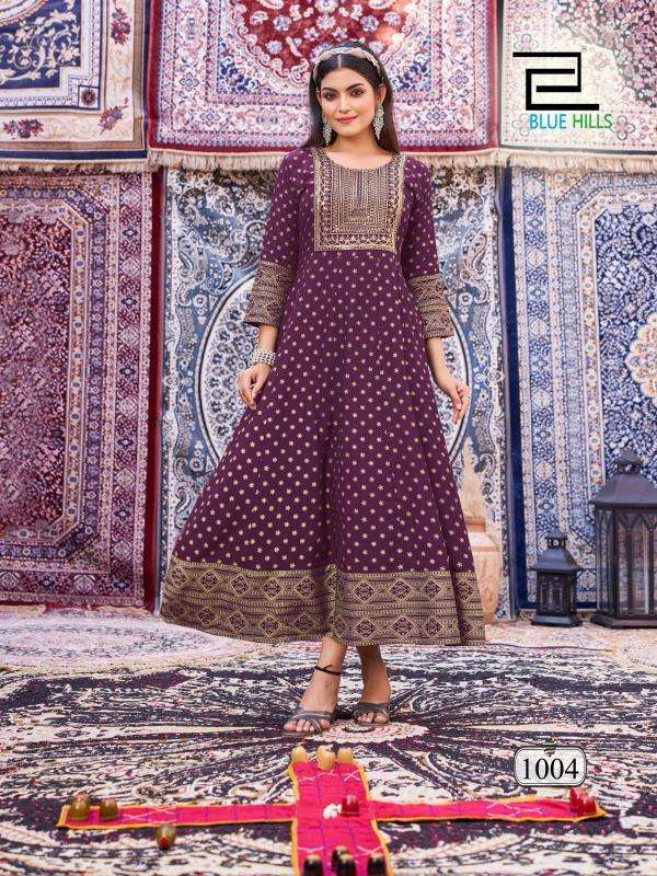 blue hills presents butterfly rayon anarkali style full stitch big size classic gown style kurtis catalog wholesaler and exporter in surat
