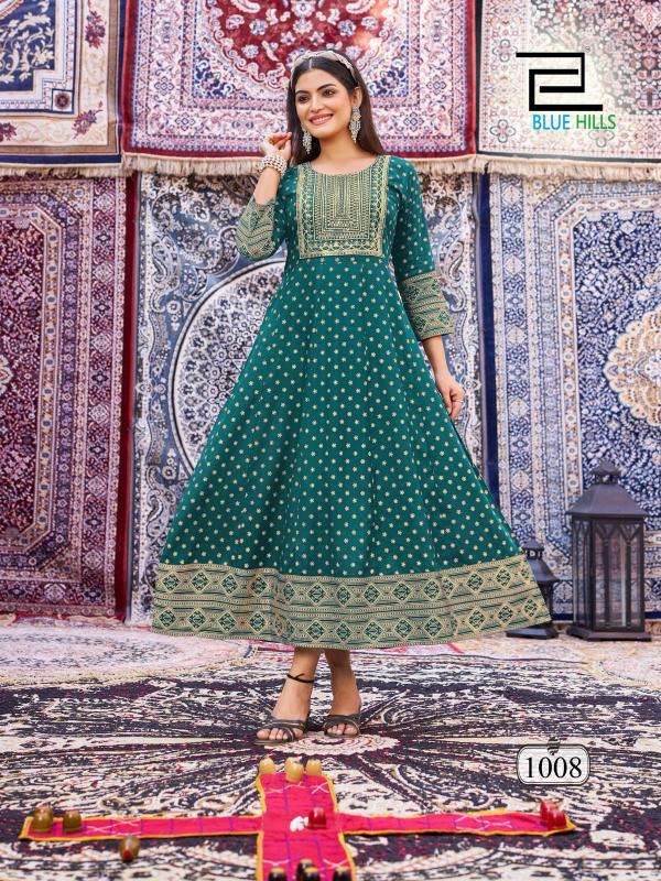 blue hills presents butterfly rayon anarkali style full stitch big size classic gown style kurtis catalog wholesaler and exporter in surat
