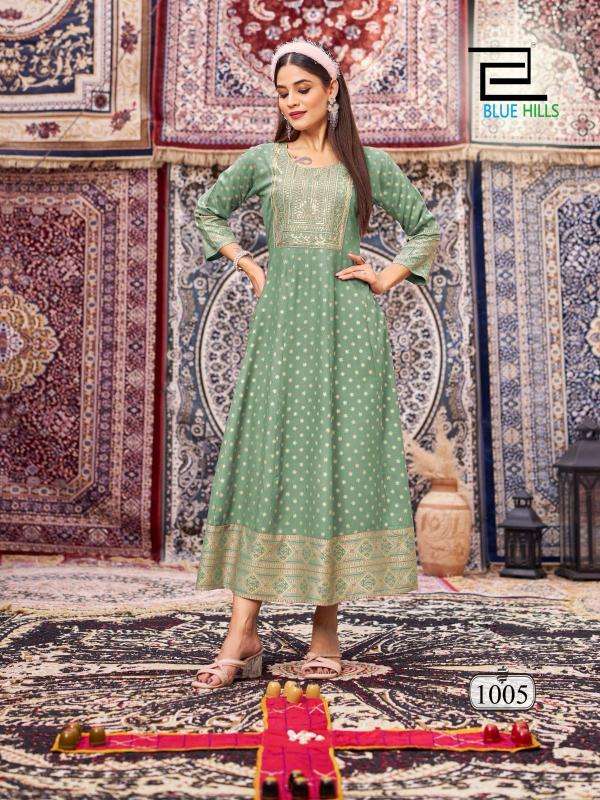blue hills presents butterfly rayon anarkali style full stitch big size classic gown style kurtis catalog wholesaler and exporter in surat