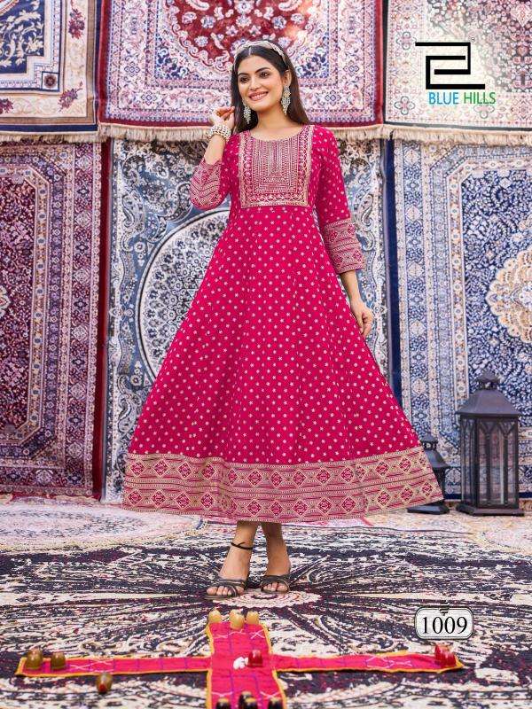 blue hills presents butterfly rayon anarkali style full stitch big size classic gown style kurtis catalog wholesaler and exporter in surat