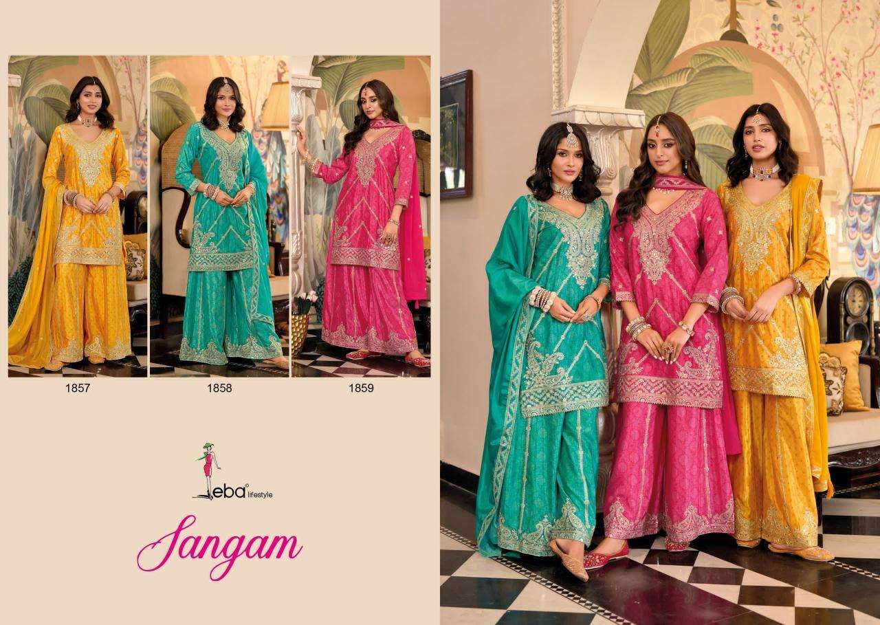 Eba Lifestyle Presents Sangam Chinon Readymade Exclusive Plazzo Suit Catalog Wholesaler And Exporter in Surat