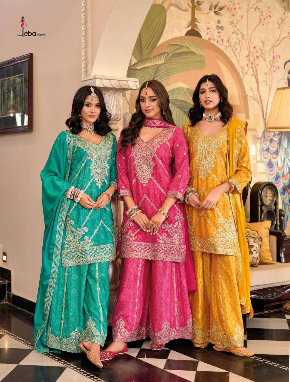Eba Lifestyle Presents Sangam Chinon Readymade Exclusive Plazzo Suit Catalog Wholesaler And Exporter in Surat