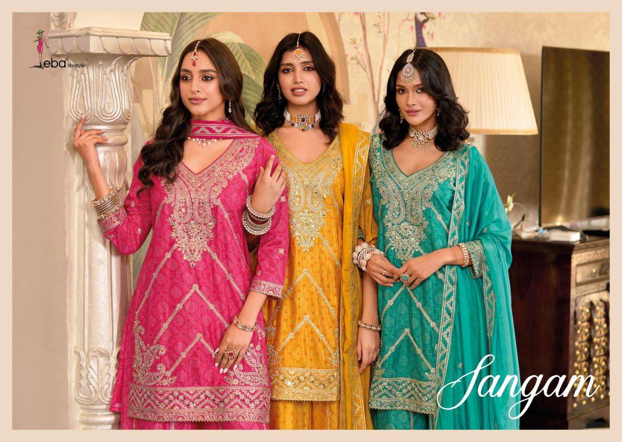 Eba Lifestyle Presents Sangam Chinon Readymade Exclusive Plazzo Suit Catalog Wholesaler And Exporter in Surat