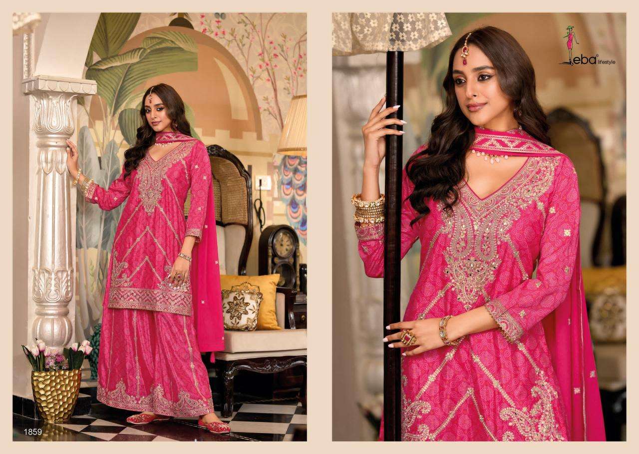 Eba Lifestyle Presents Sangam Chinon Readymade Exclusive Plazzo Suit Catalog Wholesaler And Exporter in Surat