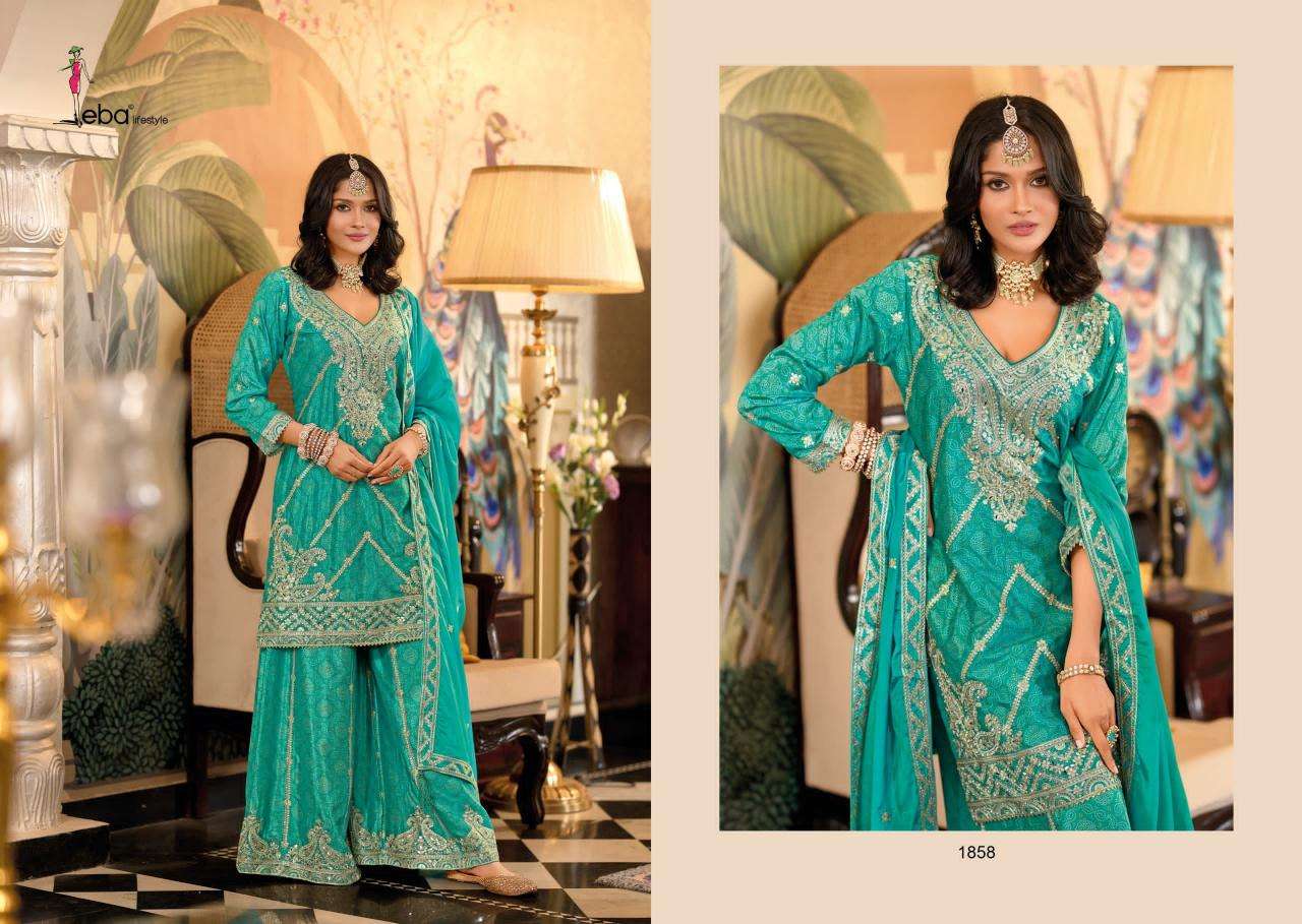 Eba Lifestyle Presents Sangam Chinon Readymade Exclusive Plazzo Suit Catalog Wholesaler And Exporter in Surat