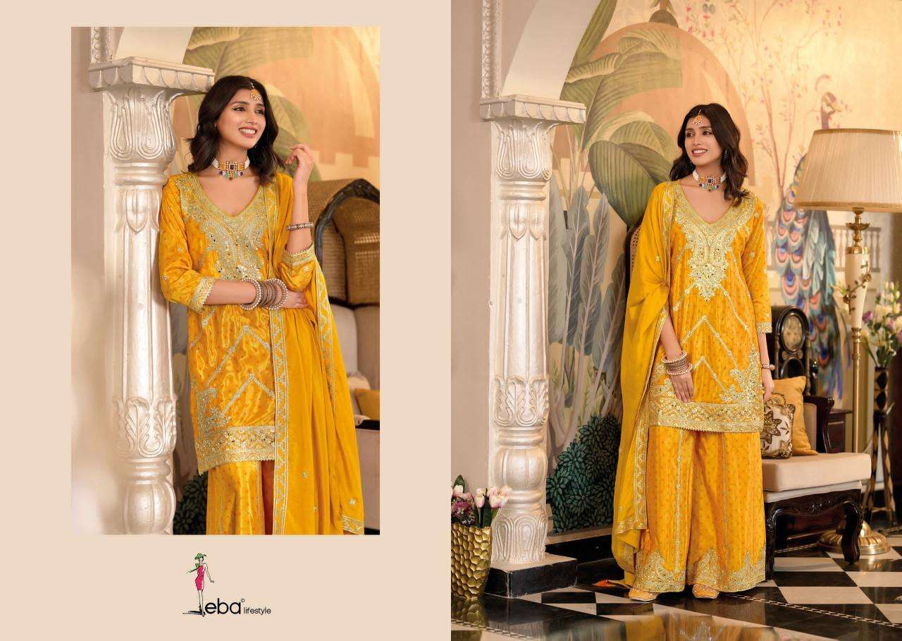 Eba Lifestyle Presents Sangam Chinon Readymade Exclusive Plazzo Suit Catalog Wholesaler And Exporter in Surat