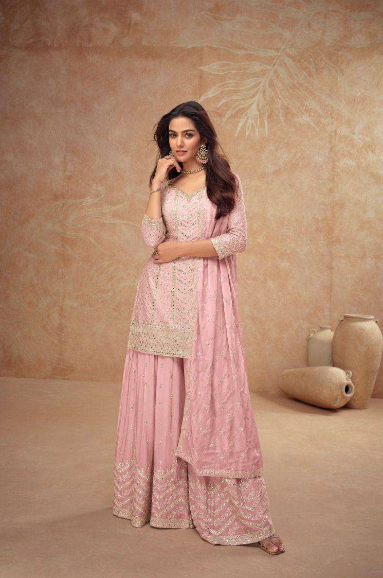 gulkayra designer presents palak vol-4 7518 colors fully stitch chinon elegant style plazzo suit catalog wholesaler and exporter 