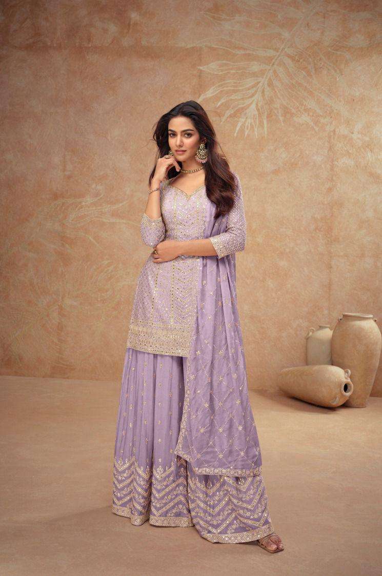 gulkayra designer presents palak vol-4 7518 colors fully stitch chinon elegant style plazzo suit catalog wholesaler and exporter 