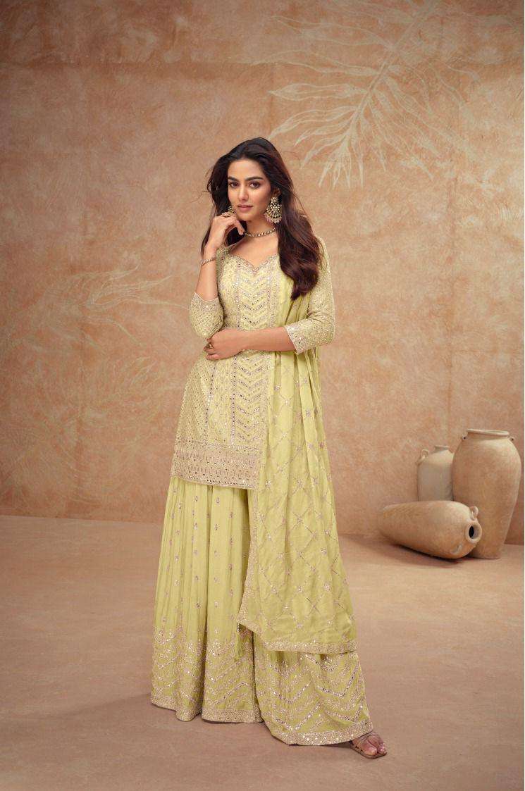 gulkayra designer presents palak vol-4 7518 colors fully stitch chinon elegant style plazzo suit catalog wholesaler and exporter 