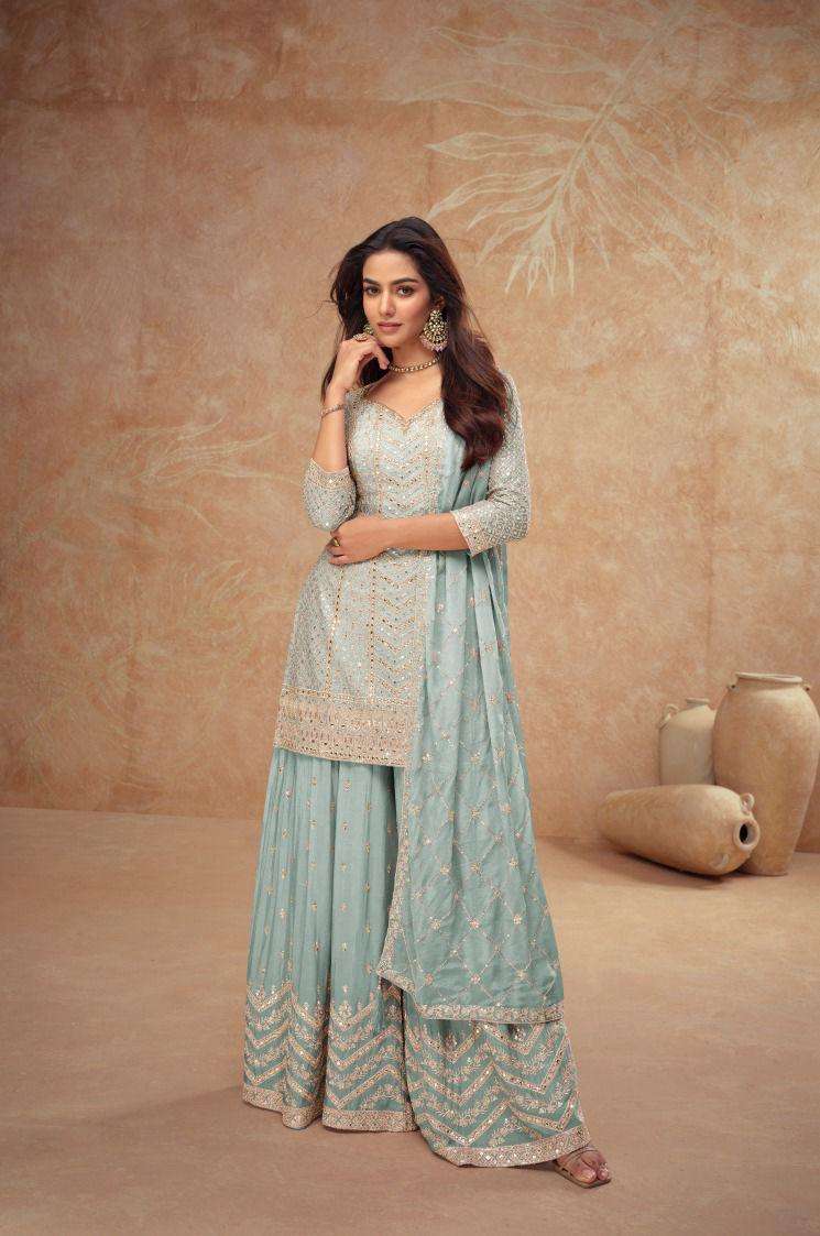 gulkayra designer presents palak vol-4 7518 colors fully stitch chinon elegant style plazzo suit catalog wholesaler and exporter 