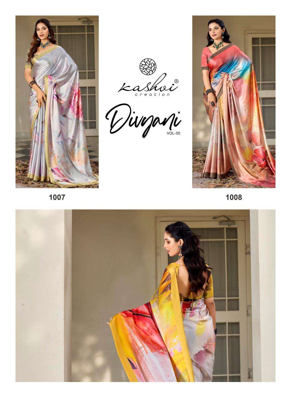 kashvi creation presents divyani vol-5 satin print festive saree catalog wholesaler and exporter in surat