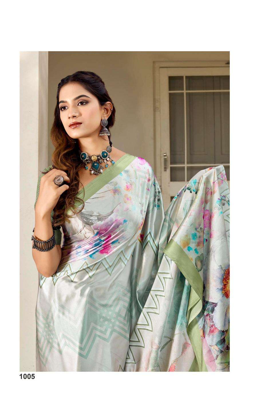 kashvi creation presents divyani vol-5 satin print festive saree catalog wholesaler and exporter in surat