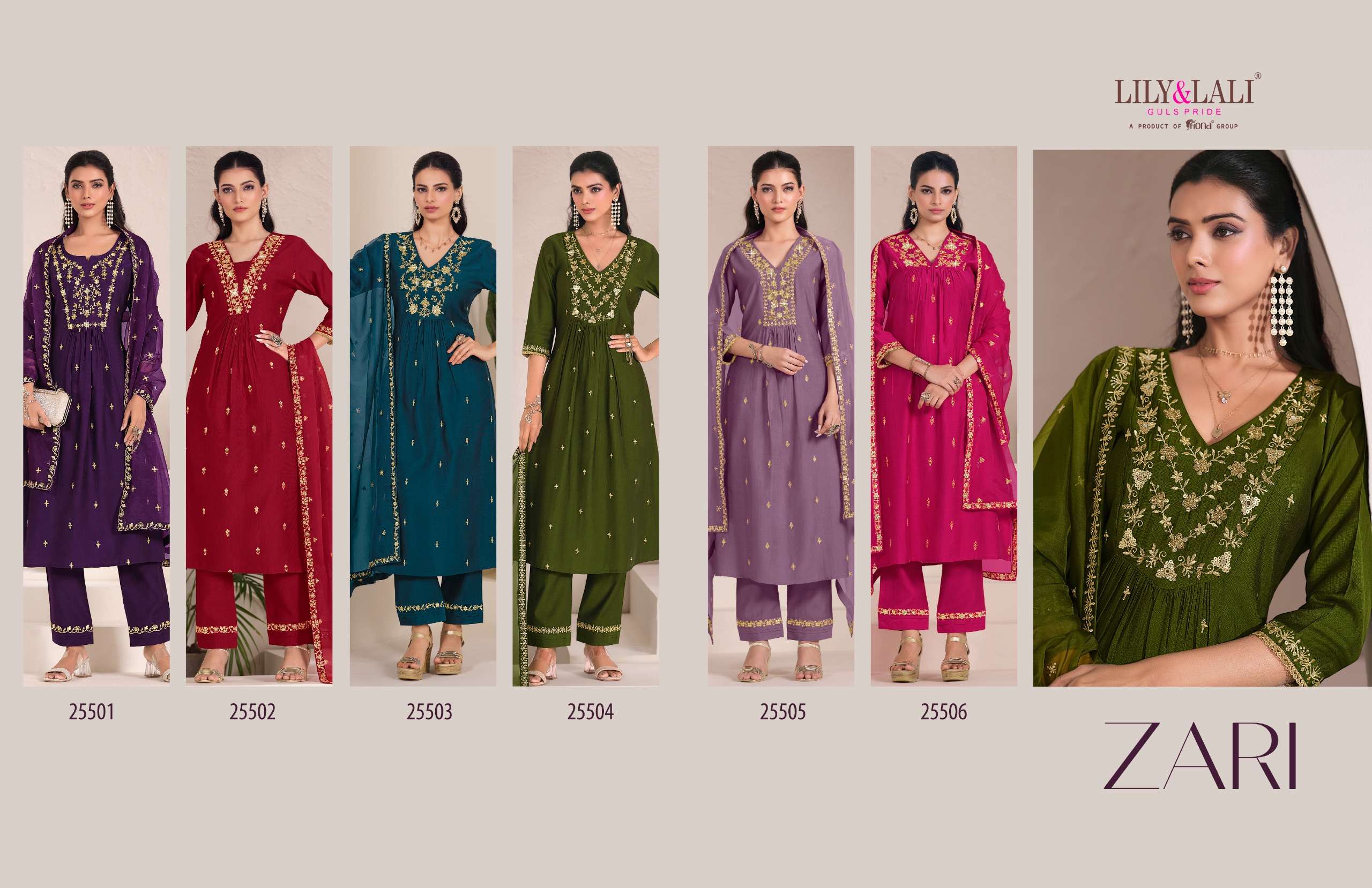LILY & LALI PRESENTS ZARI VISCOSE FANCY KURTIS CATALOG WHOLESALER AND EXPORTER IN SURAT