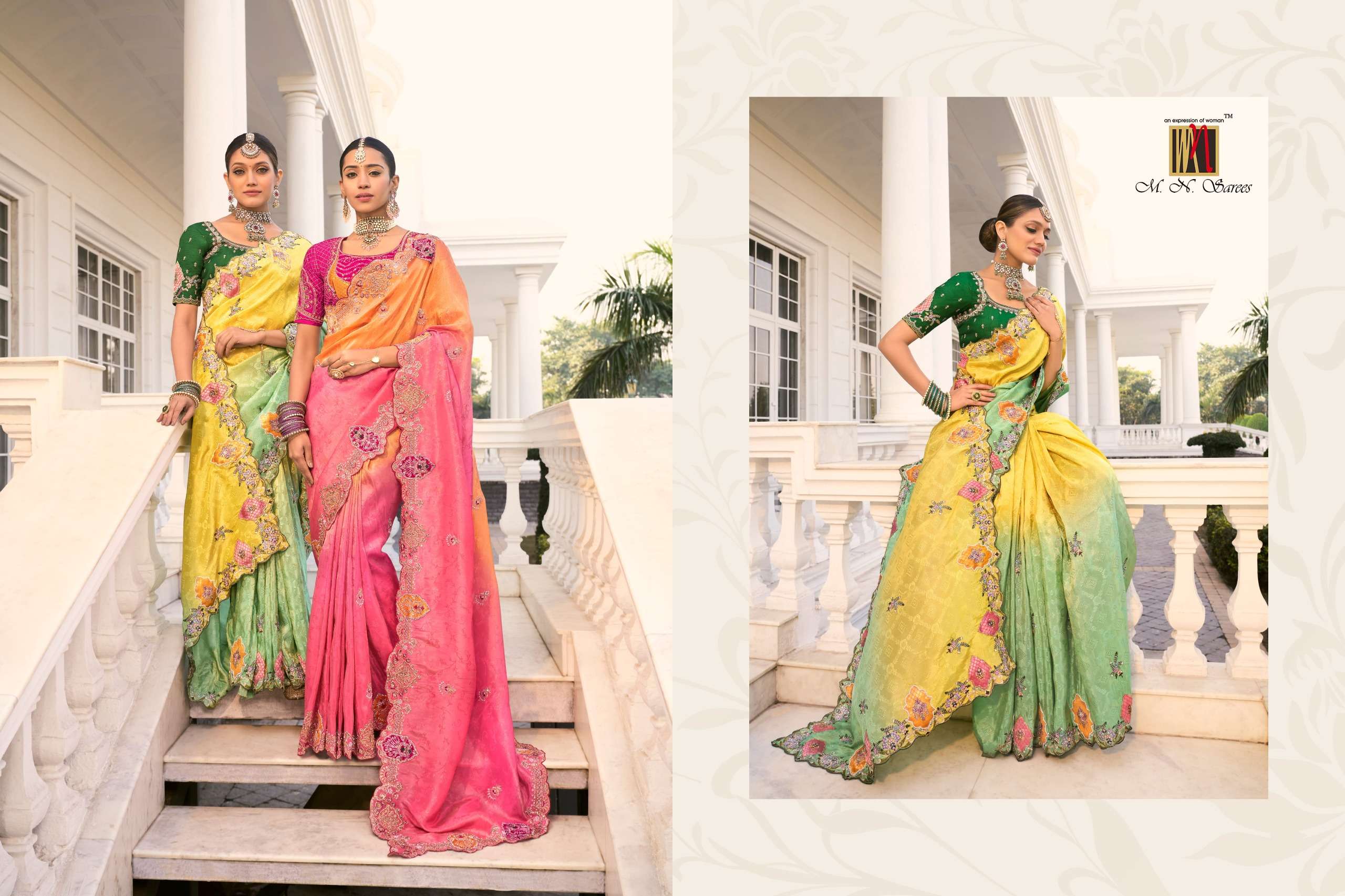 M.N PRESENTS SHAHI POSHAK VOL-3 HEAVY DESIOGENR WORK WEDDING WEAR SILK SAREE CATALOG WHOLESALER AND EXOPORTER IN SURAT