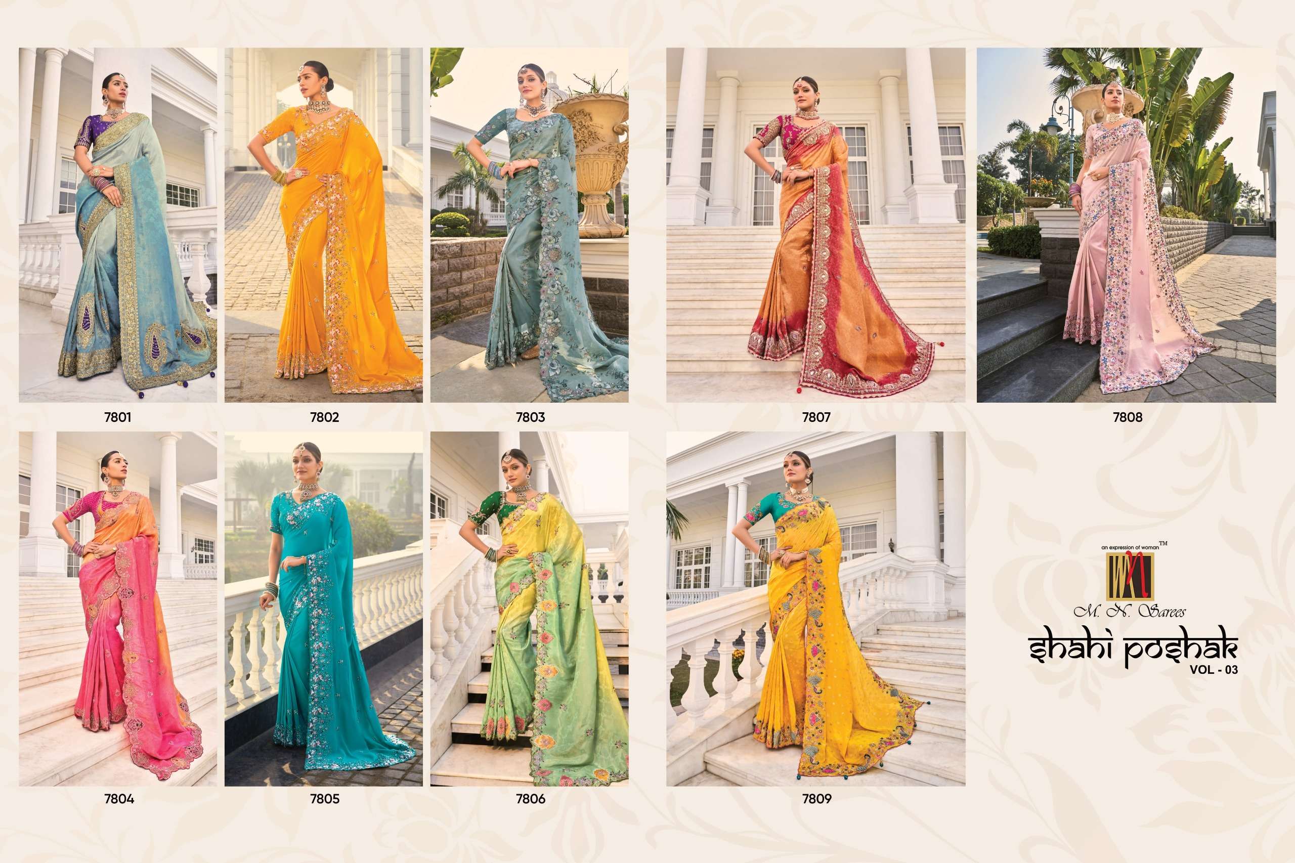 M.N PRESENTS SHAHI POSHAK VOL-3 HEAVY DESIOGENR WORK WEDDING WEAR SILK SAREE CATALOG WHOLESALER AND EXOPORTER IN SURAT