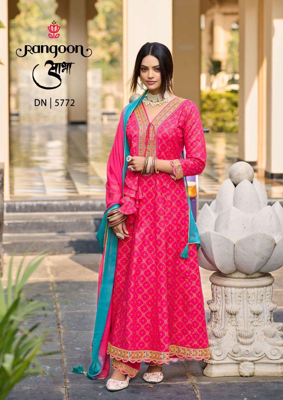 rangoon presents aabha cotton print anarkali style readymade 3pc catalog wholesaler and exporter 