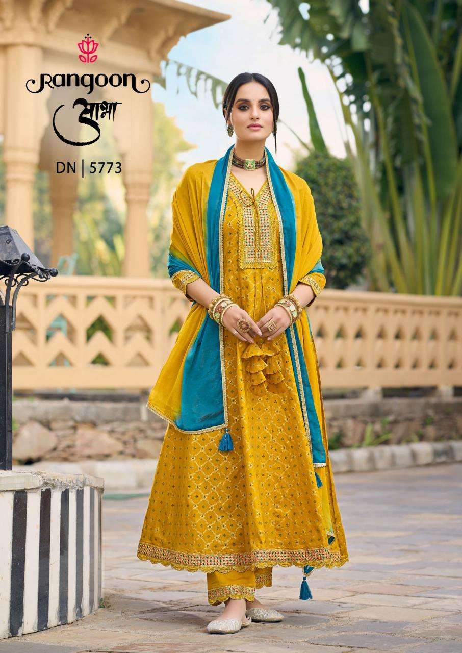 rangoon presents aabha cotton print anarkali style readymade 3pc catalog wholesaler and exporter 