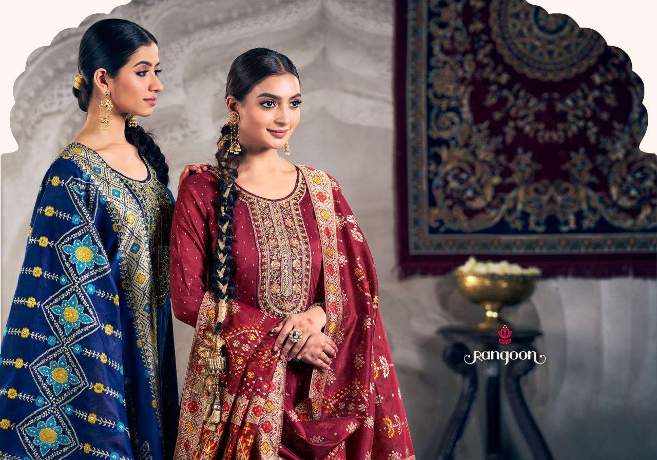 rangoon presents amber full stitch anarkali style dyed jacquard suit for womens catalog wholesaler and exporter 