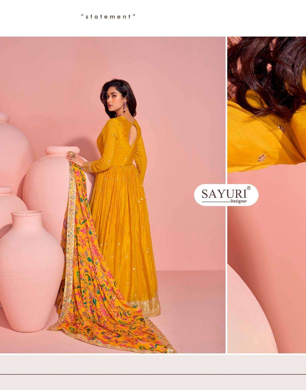 sayuri designer presents mayuri real chinon silk full stitch wedding special gown catalog wholesaler and exporter in surat
