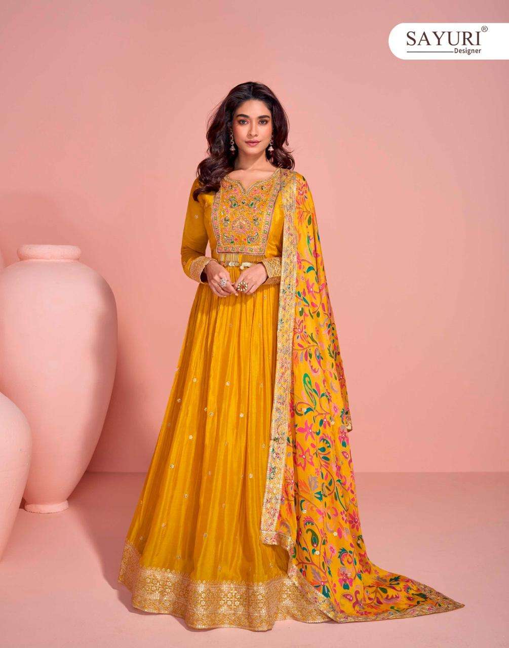 sayuri designer presents mayuri real chinon silk full stitch wedding special gown catalog wholesaler and exporter in surat