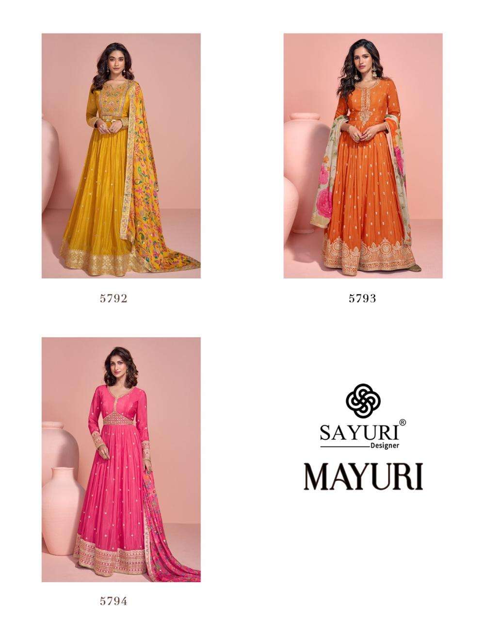 sayuri designer presents mayuri real chinon silk full stitch wedding special gown catalog wholesaler and exporter in surat