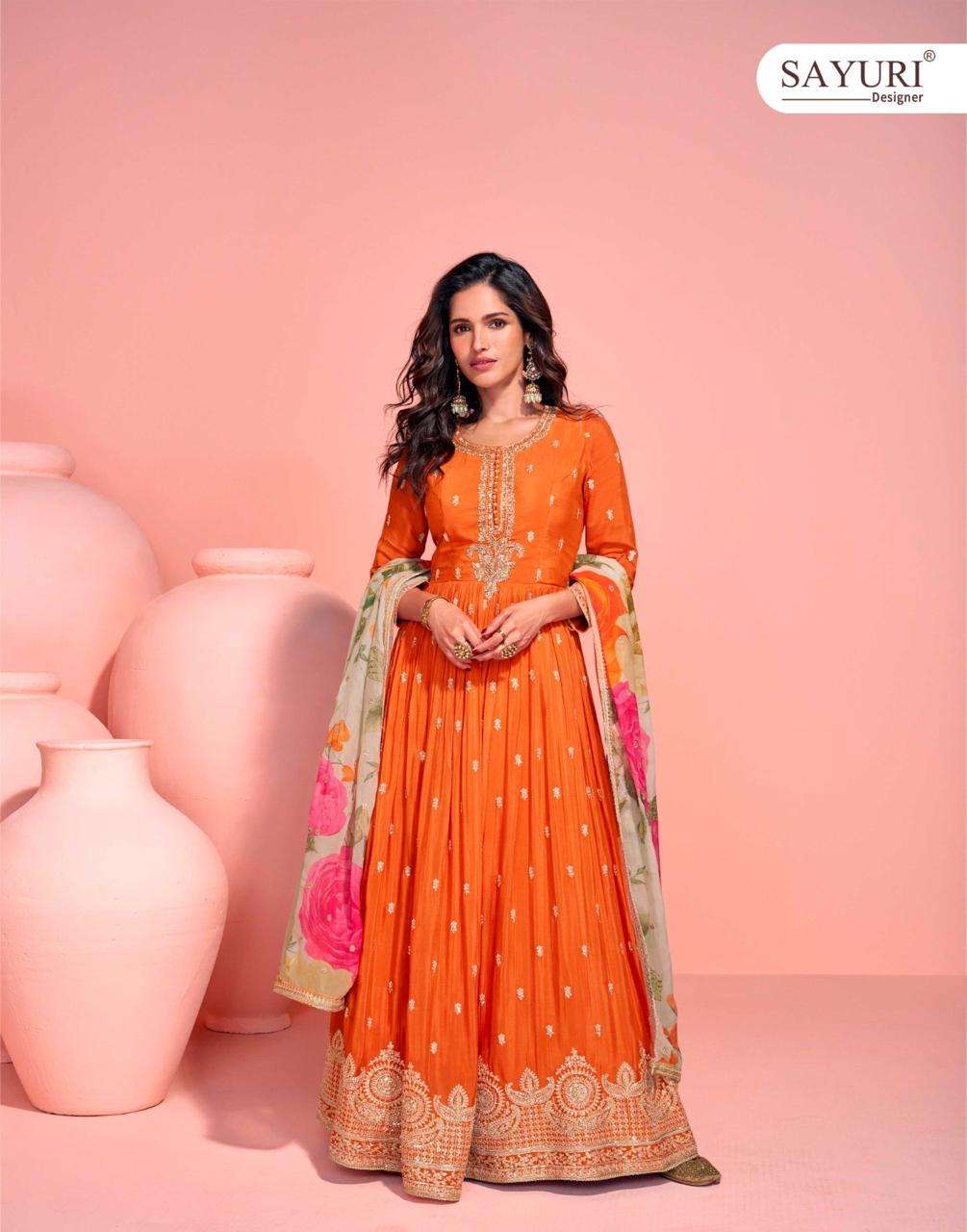 sayuri designer presents mayuri real chinon silk full stitch wedding special gown catalog wholesaler and exporter in surat
