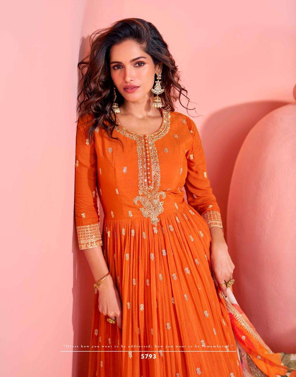 sayuri designer presents mayuri real chinon silk full stitch wedding special gown catalog wholesaler and exporter in surat