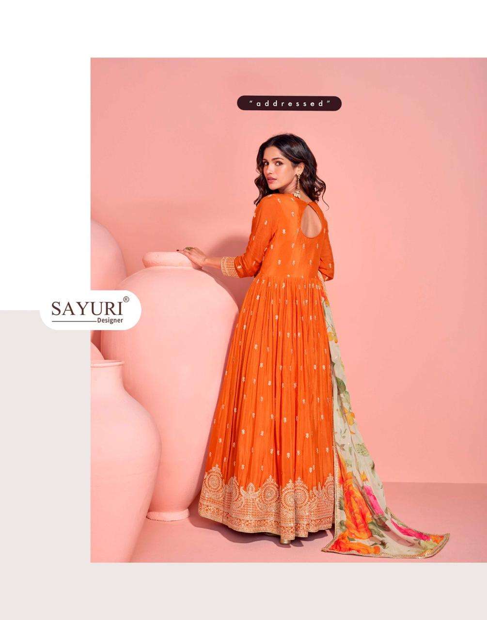 sayuri designer presents mayuri real chinon silk full stitch wedding special gown catalog wholesaler and exporter in surat