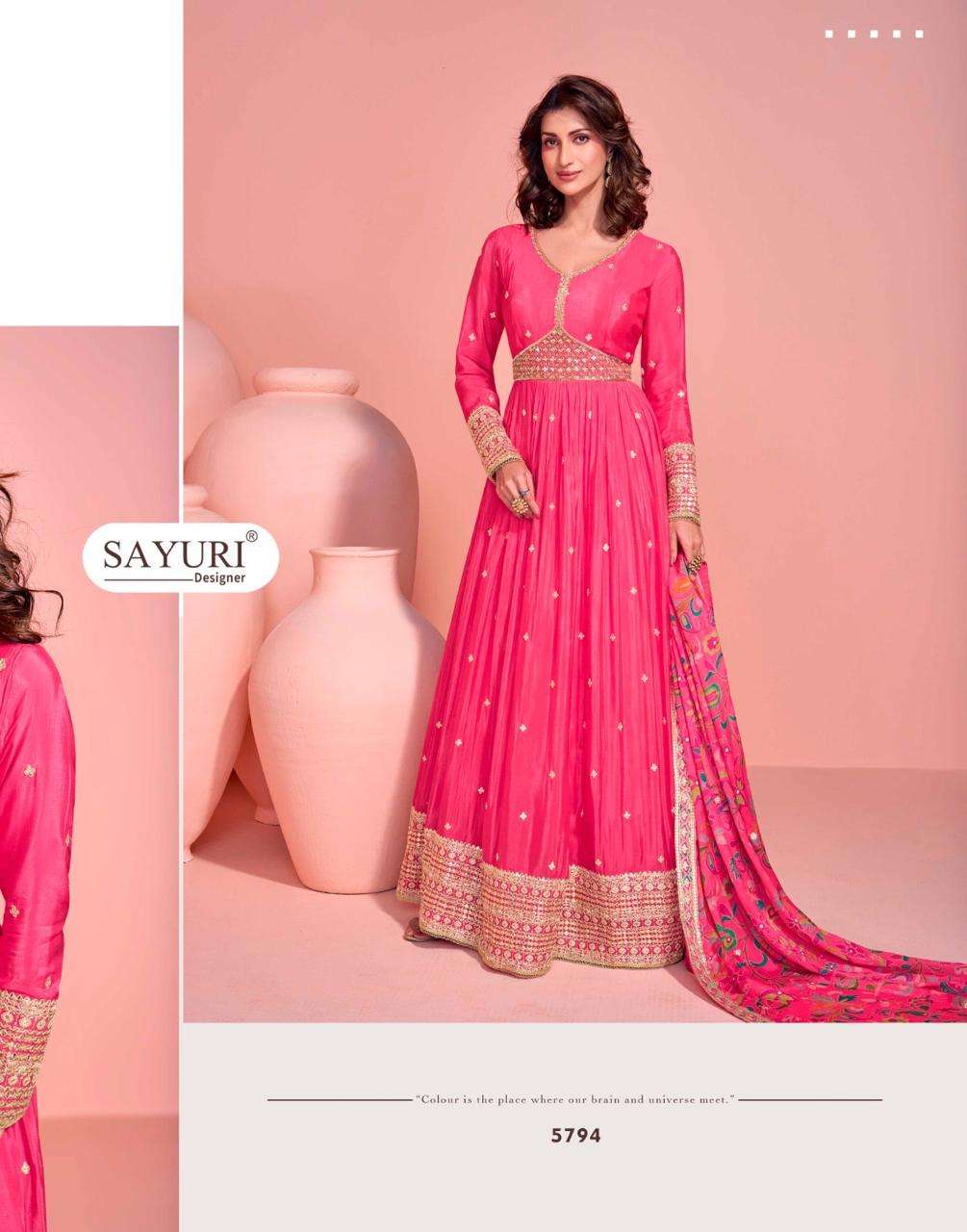 sayuri designer presents mayuri real chinon silk full stitch wedding special gown catalog wholesaler and exporter in surat