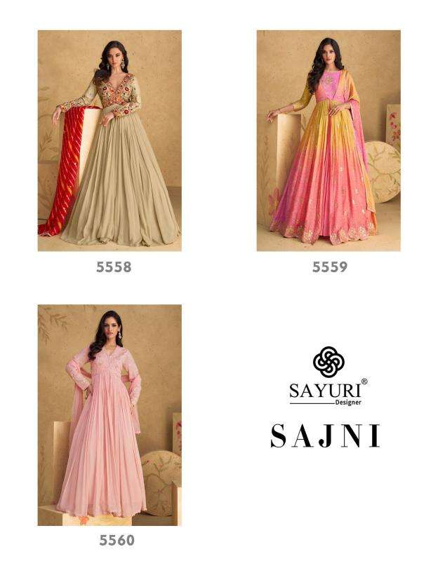 sayuri designer presents sajni fashionable chinon silk readymade gown style catalog wholesaler and exporter in surat