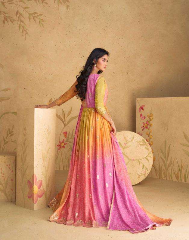 sayuri designer presents sajni fashionable chinon silk readymade gown style catalog wholesaler and exporter in surat